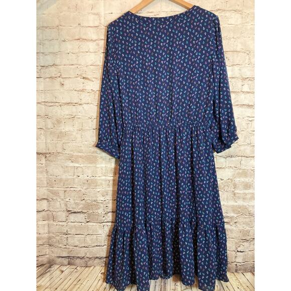 Talbots Midi Dress Women 12 Navy Nautical Anchor Print Tiered Boho Dark Romantic - Picture 11 of 13